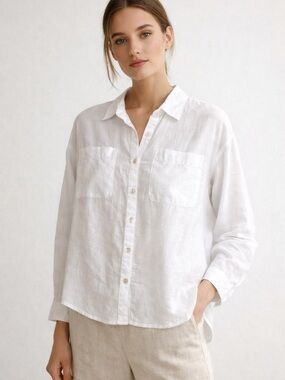 Rachel Zoe White Linen Button Down Shirt Size Large Lightweight Shell Buttons
